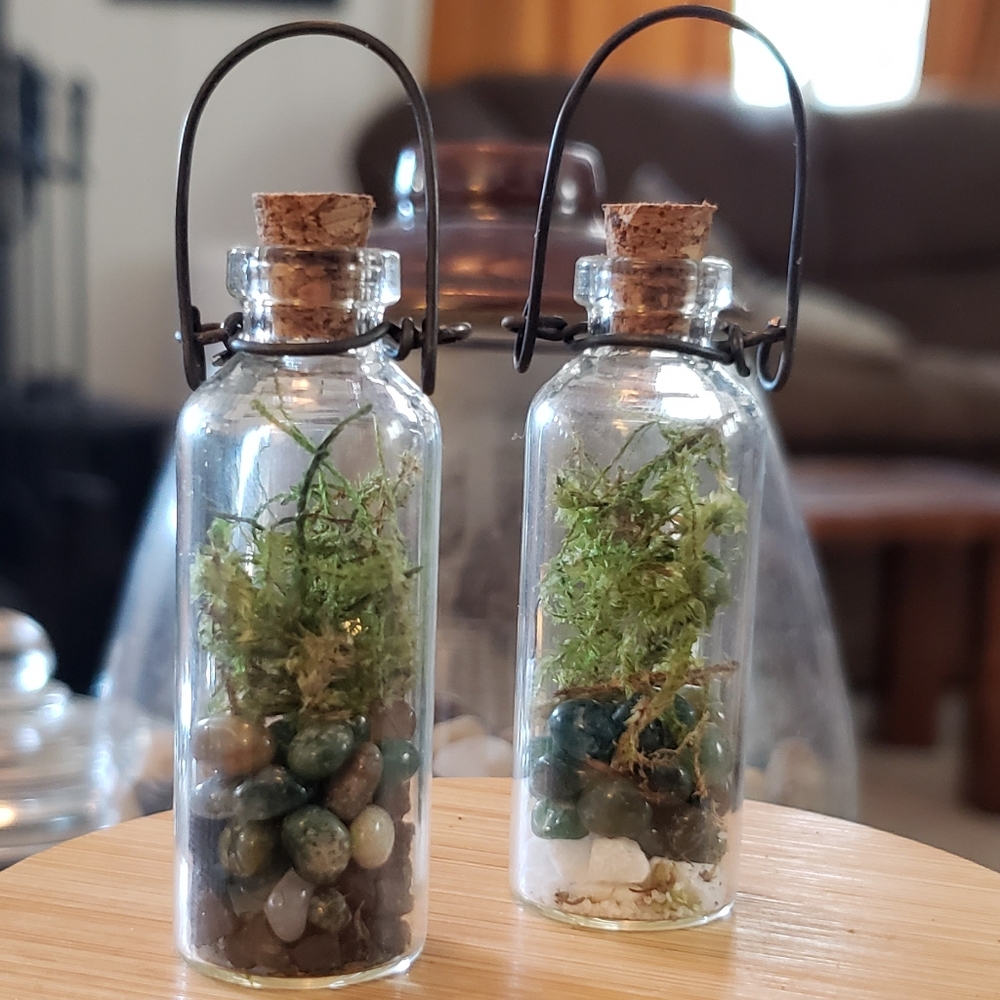 Jasper mini dried moss hanging terrariums (w/ fancy jasper pebbles~ 10mL bottle)